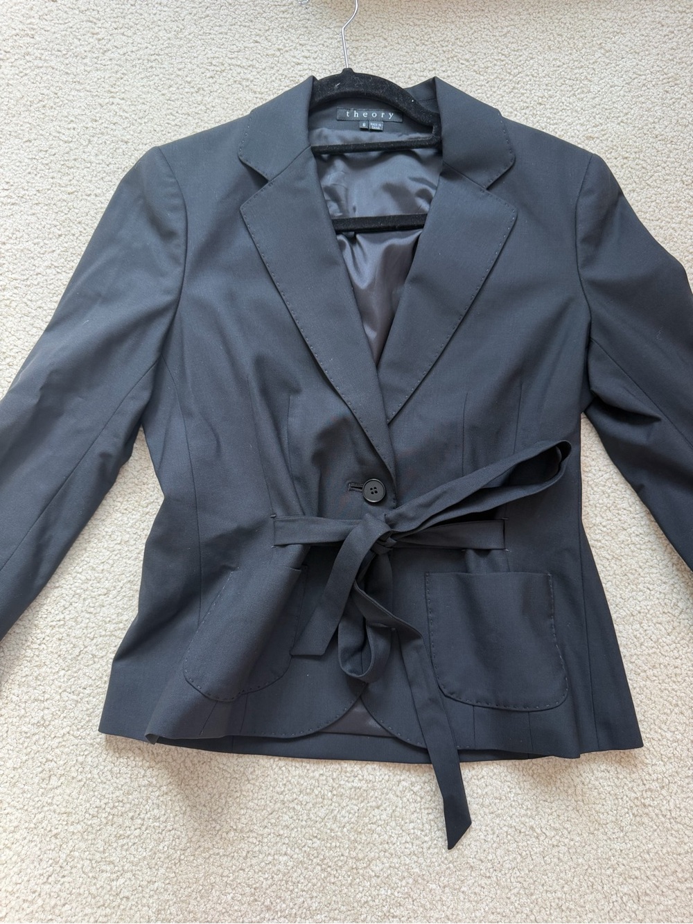 Theory Black Wool Blazer Size 6 with Wrap Around Belt Bow